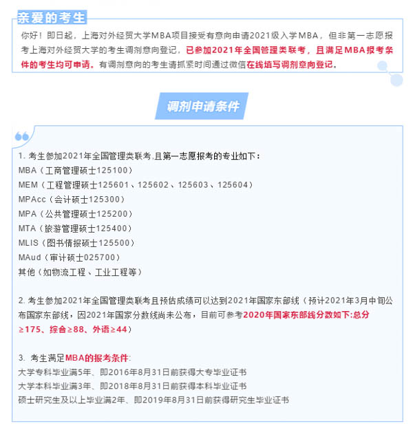 上海對外經貿大學2021年MBA調劑意向登記表通知